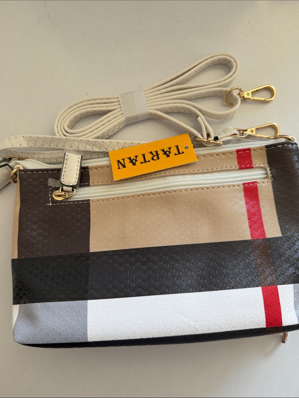NWT Tartan Plaid Crossbody Bag in Beige, Black & Red